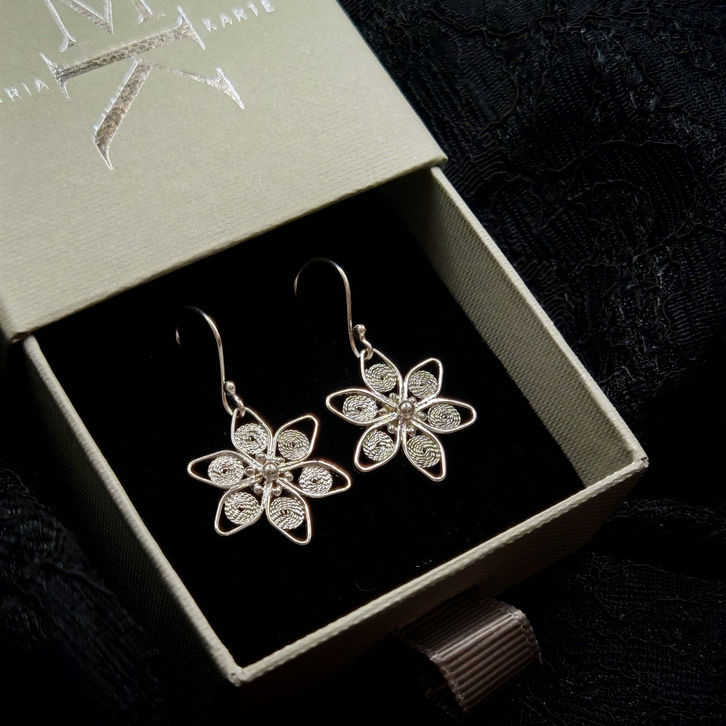 anemone nemorosa filigree earrings sterling silver in a box