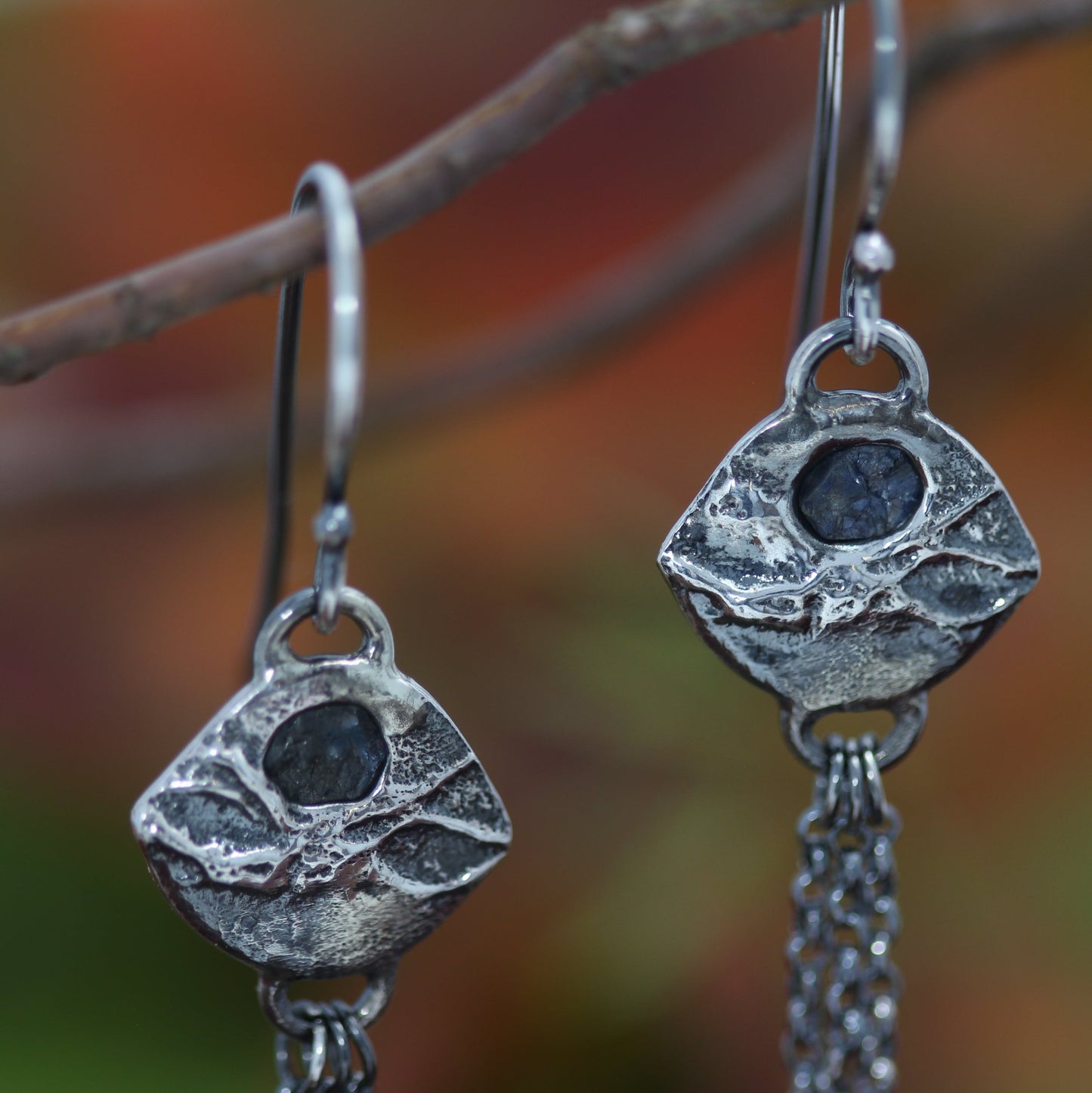 The bridge of the blue moon sterling silver chain rough sapphire earrings