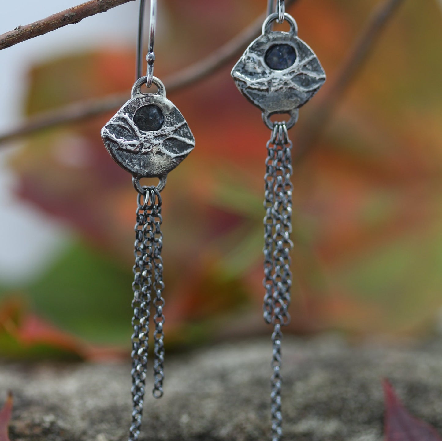 The bridge of the blue moon sterling silver chain rough sapphire earrings